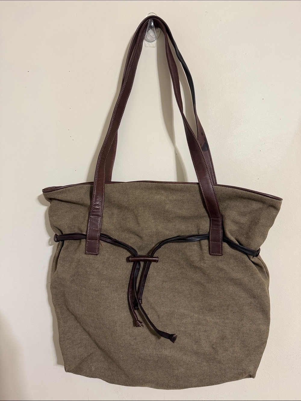 Canvas Tote Bag Vegan Brown Leather Trim Toggle Detail Everyday Granola Girl
